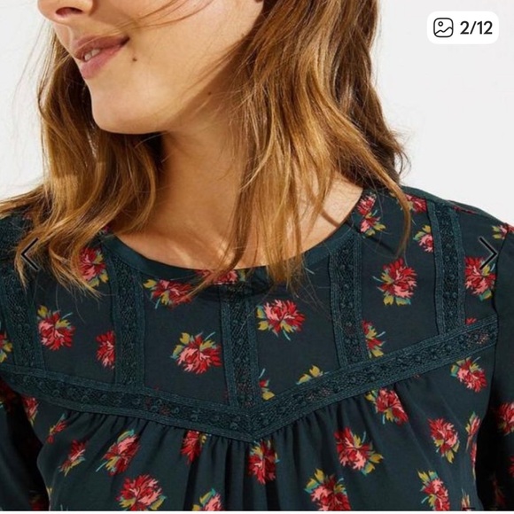 LOFT Dark Green Floral Boho Lace Blouse Peasant Top Lightweight  Size SP - Picture 2 of 15